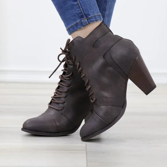 Lace-Up Brown Block Cone High Heeled Ankle Boots Pointed Toe - Picture 6 of 10